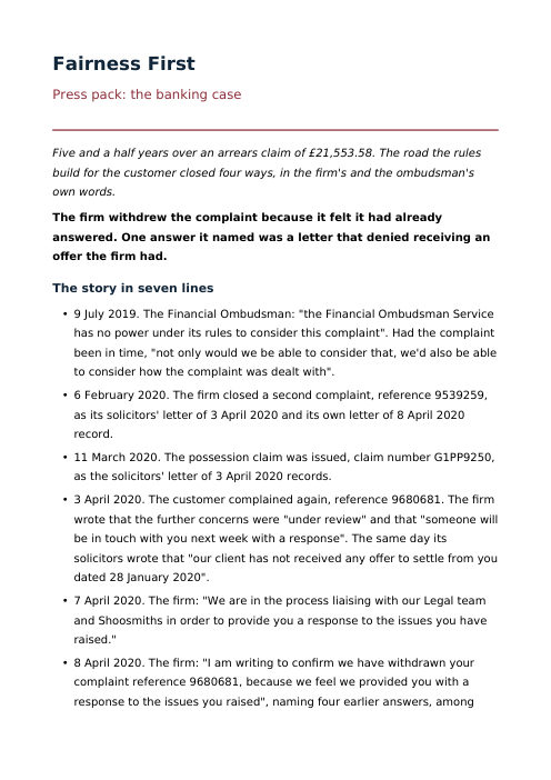 Fairness First press pack, the banking case, page one
