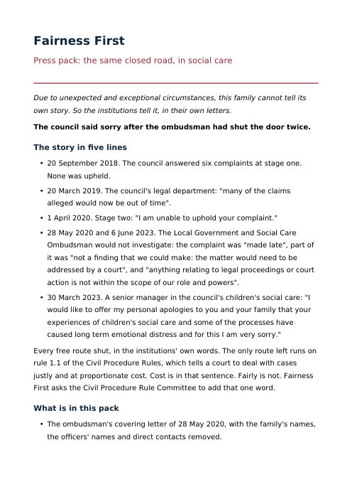 Fairness First press pack, social care, page one